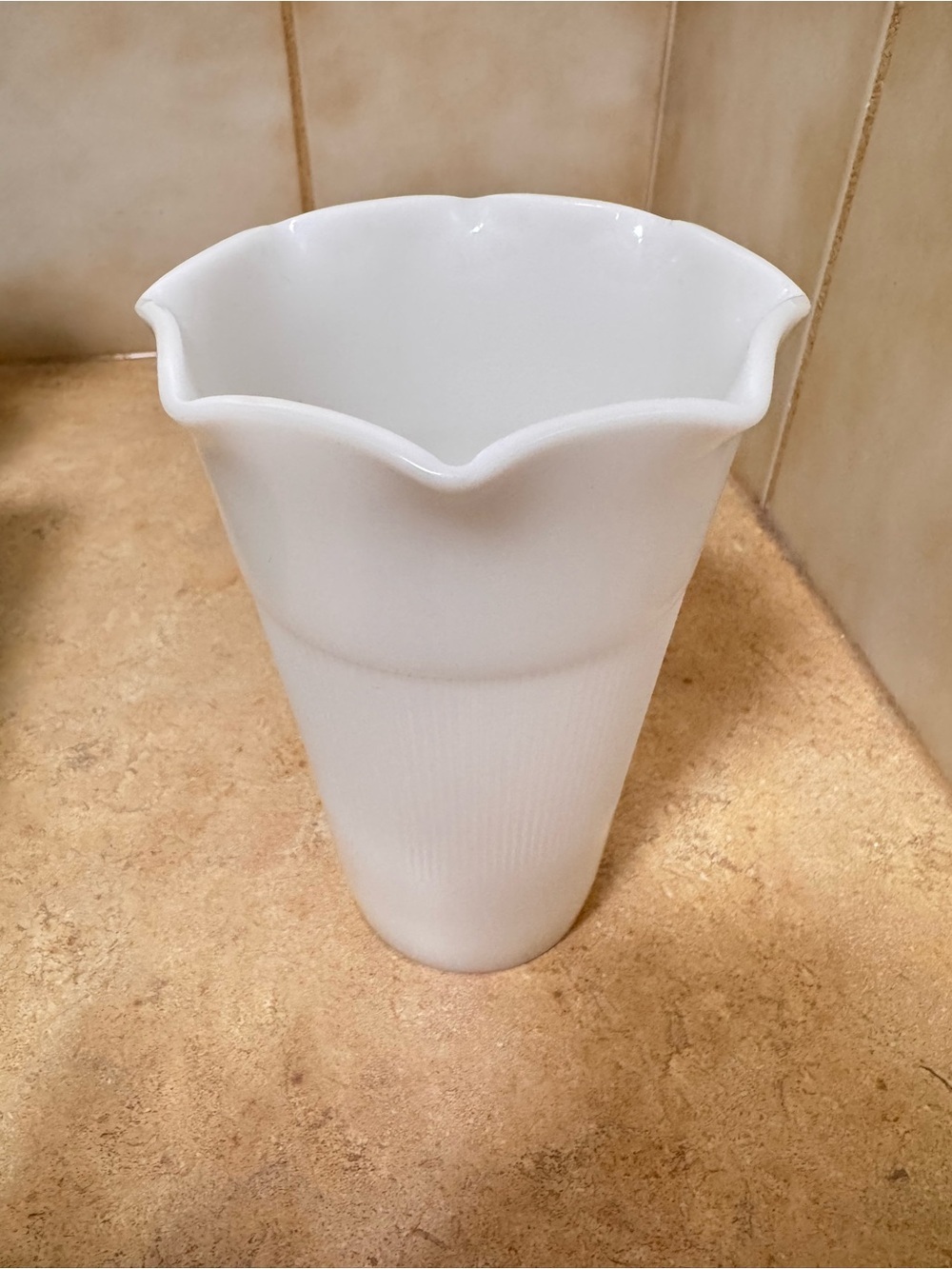 White Milk Glass Scalloped Vase | Ribbed Pedestal Bud Vase - Picture 6 of 10
